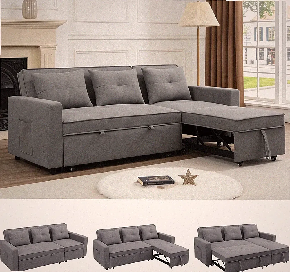 L-Shaped 83" Convertible Sofa Bed with Side Pocket for Living Room, Black