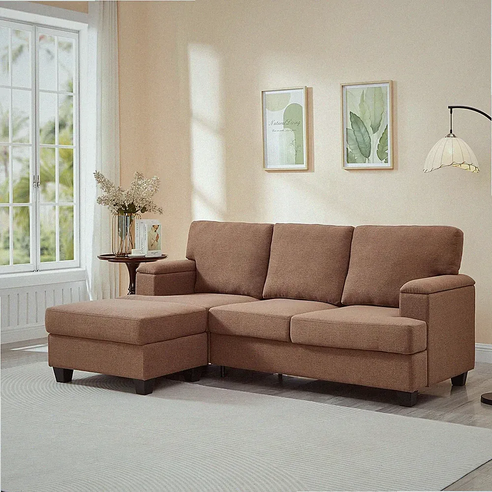 L-Shaped 86" Chenille Sofa with Ottoman & Storage - Memory Foam Cushions, Brown