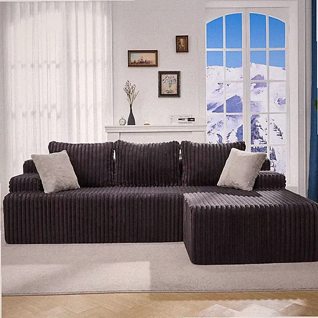L-Shaped 96” Modular Sofa with Oversized Chaise - Memory Foam, Grey Stripe