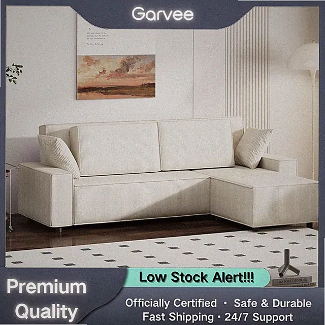 L Shaped 96" Stripe Corduroy Cloud Couch Deep Seat Sofa Movable Ottoman