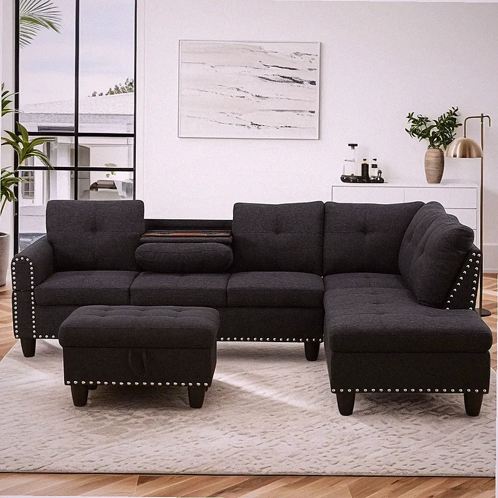 L-Shaped 97.5" Linen Couch with Chaise, Cup Holder & Storage Ottoman - Black