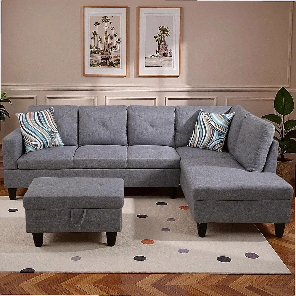 L-Shaped 97" Grey Sectional Couch with Storage Ottoman for Living Room