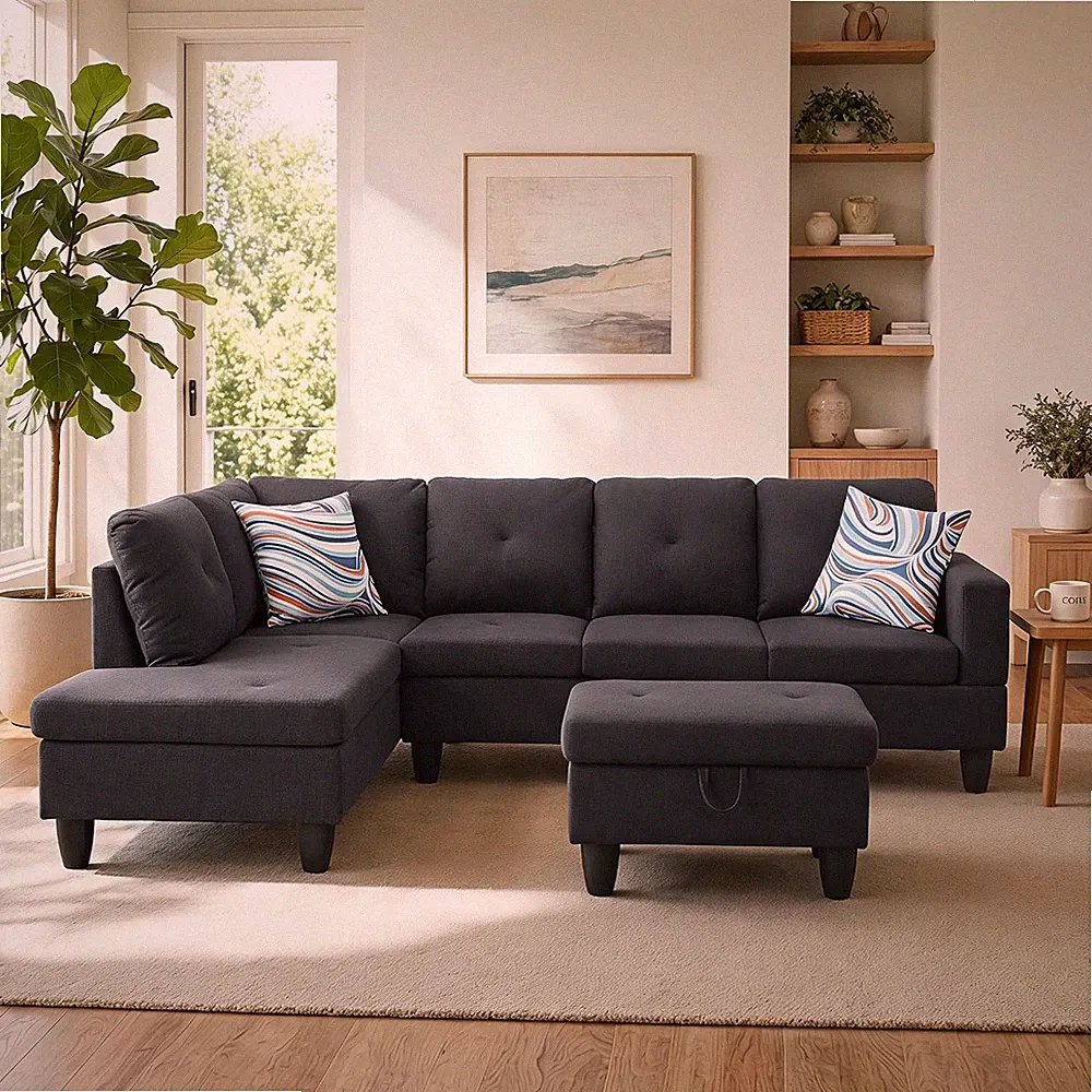 L-Shaped 97" Sectional Sofa with Chaise & Storage Ottoman - Black Grey