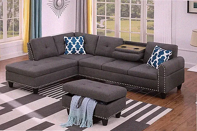 L-Shaped 98" Left Facing Sofa & Chaise with Ottoman - Dark Gray Linen Couch