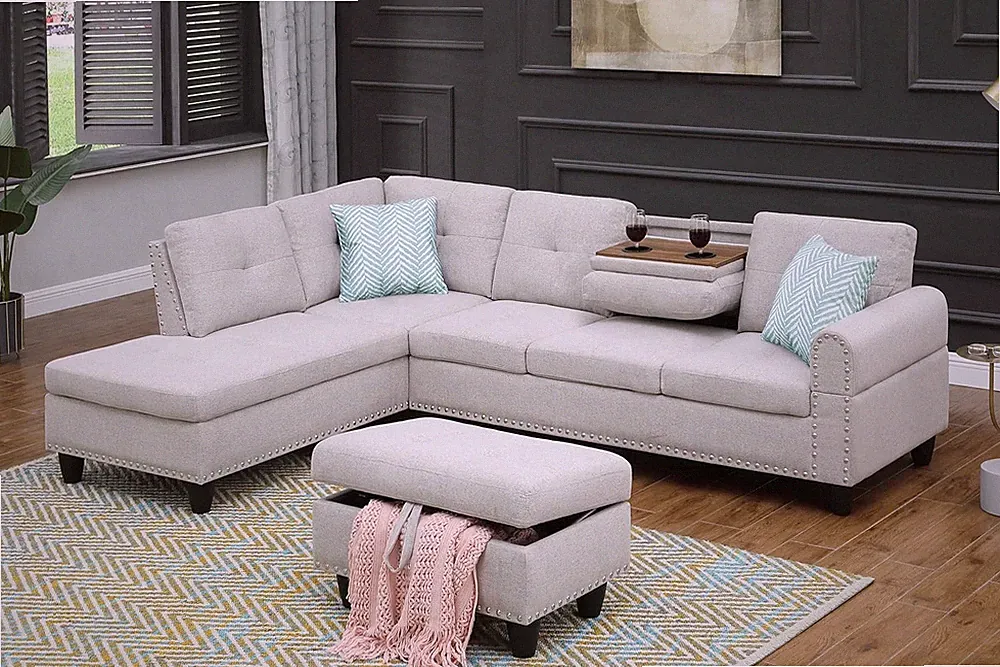 L-Shaped 98" Linen Sectional Sofa with Storage Ottoman & Hidden Cup Holders