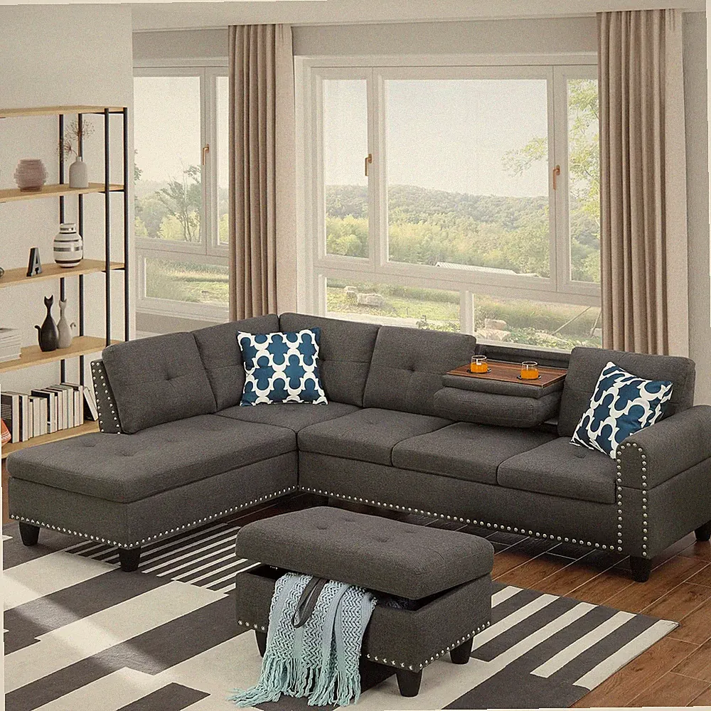 L-Shaped 98" Modular Sectional Sofa with Chaise & Storage Ottoman, Dark Gray