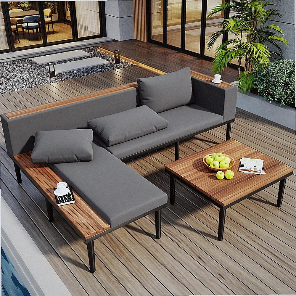 L-Shaped Acacia Wood Outdoor Sectional Sofa Set with Cushions & Table, Gray