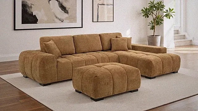 L-SHAPED AMBER LOW PROFILE SOFA SECTIONAL AND OTTOMAN LIVING ROOM FURNITURE SET