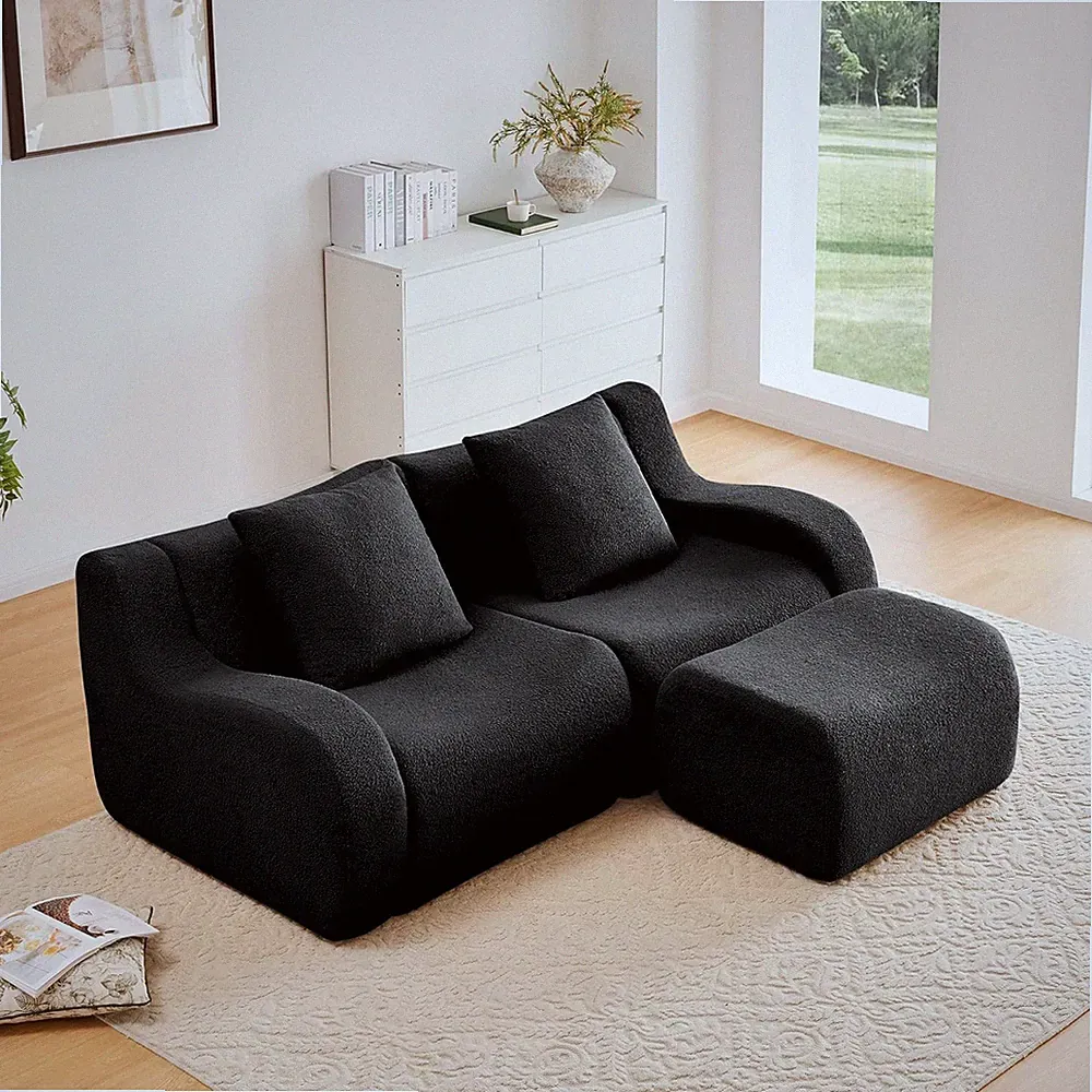 L-Shaped Black Modular Sectional Sofa with Ottoman & Pillows for Living Room
