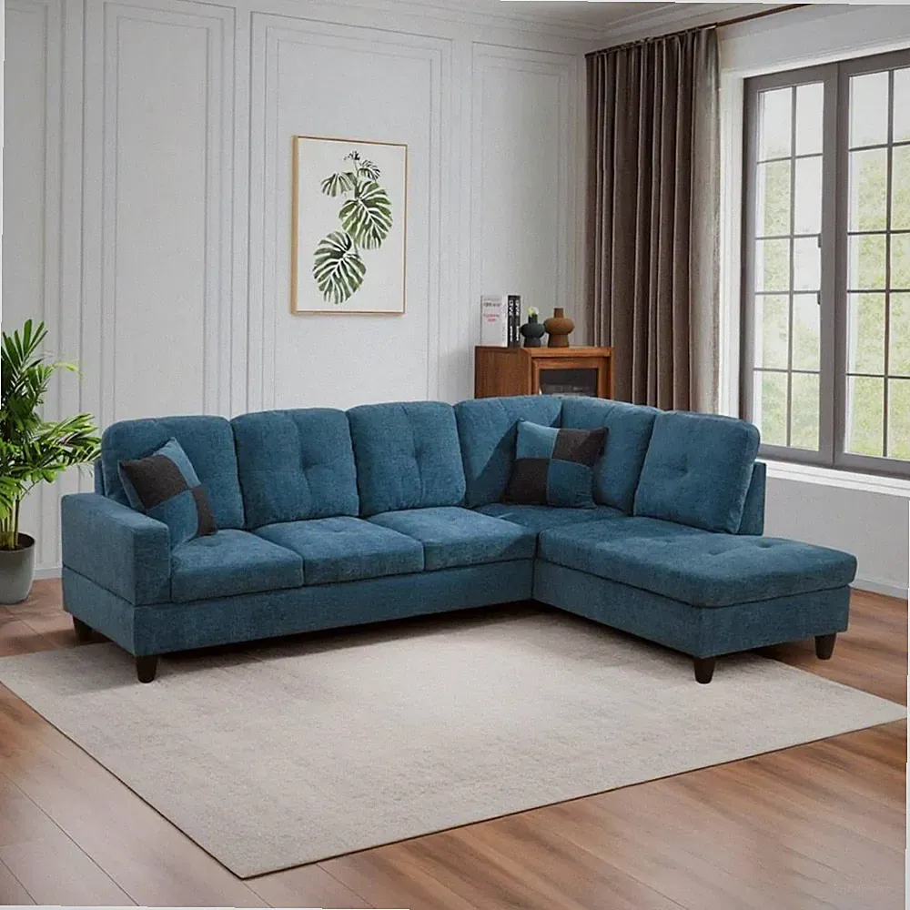 L-Shaped Blue Flannel Sectional Sofa with Right Chaise for Small Spaces