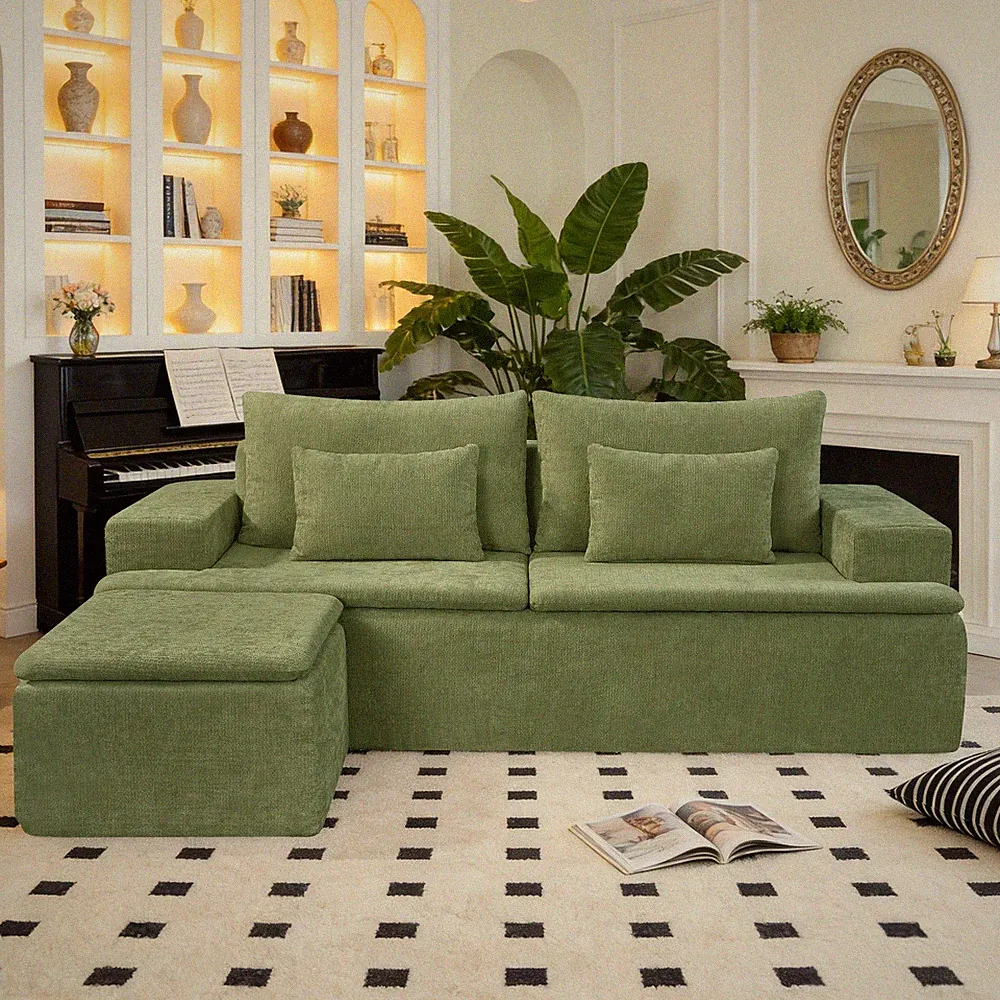 L-Shaped Boneless Couch, 3-Seater Modular Sectional Sofa with Movable Ottoman