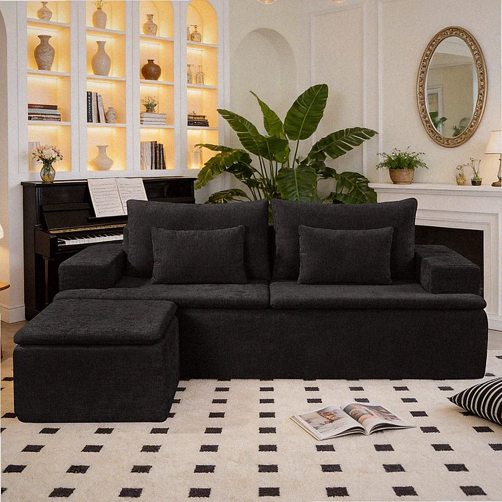 L-Shaped Boneless Couch, Corduroy Modular Sectional Sofa with Movable Ottoman