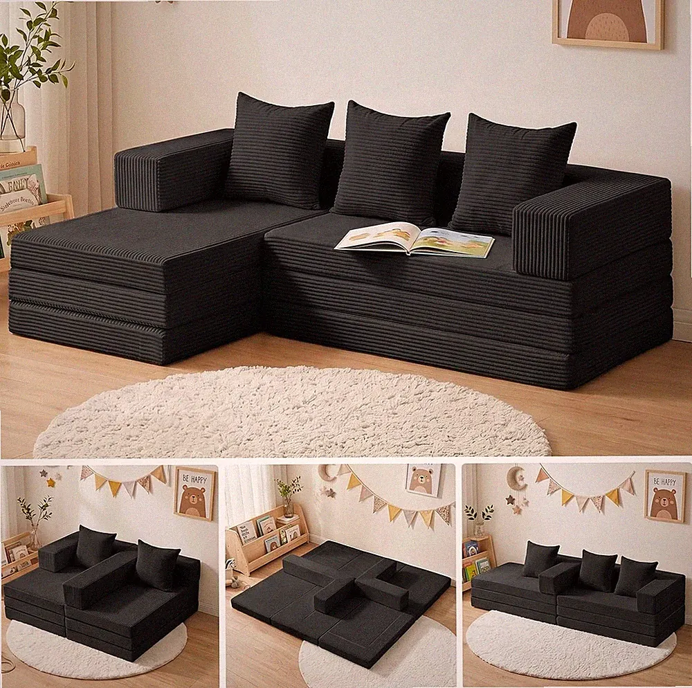 L-Shaped Boneless Couch with Chaise - 4-in-1 Comfy Corduroy Sofa, Black