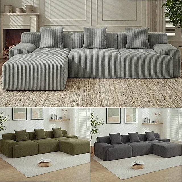 L-Shaped Boneless Sofa, Modular Cloud Couch Sectional Chaise W/Movable Ottoman