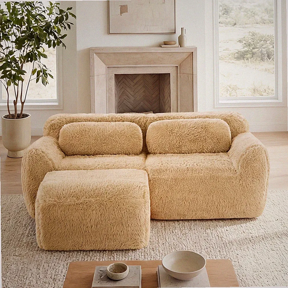 L-shaped Boneless Sofa,Soft Fluffy Plush Fabric,w/Chaise 32D High Density Spo