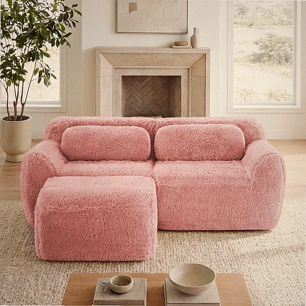 L-shaped Boneless Sofa,Soft Fluffy Plush Fabric,w/Chaise 32D High Density Spon