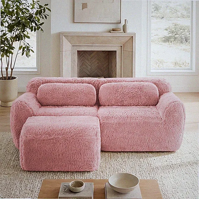 L-shaped Boneless Sofa,Soft Fluffy Plush Fabric,With Chaise 32D High Density