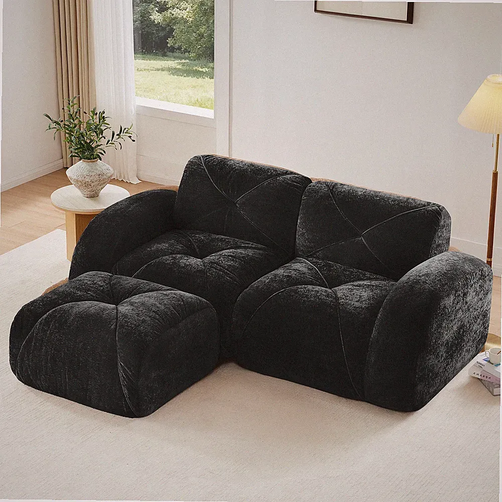 L-shaped Boneless Sofa,Soft Velvet Fabric,Tufted Design,32D High Density Sponge