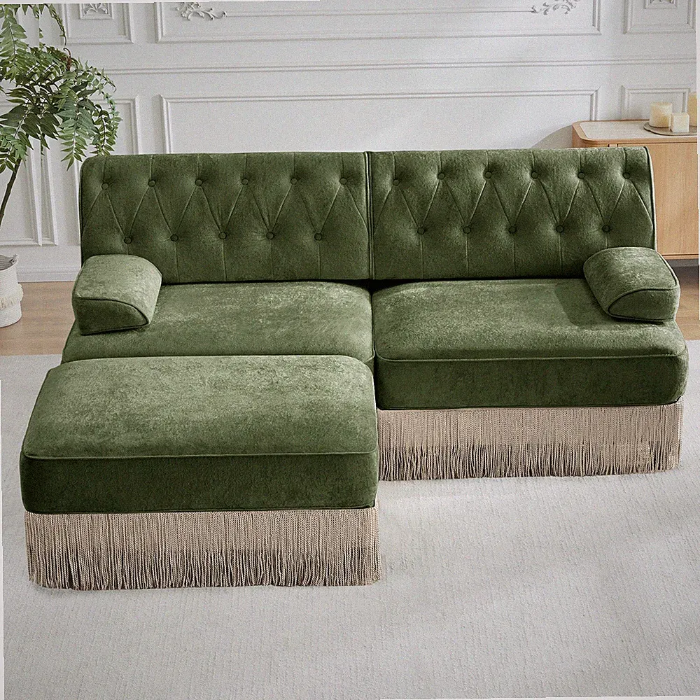 L-Shaped Breathable Comfort Velvet Fabric,Tassel Skirt Chesterfield Sofa ,Free