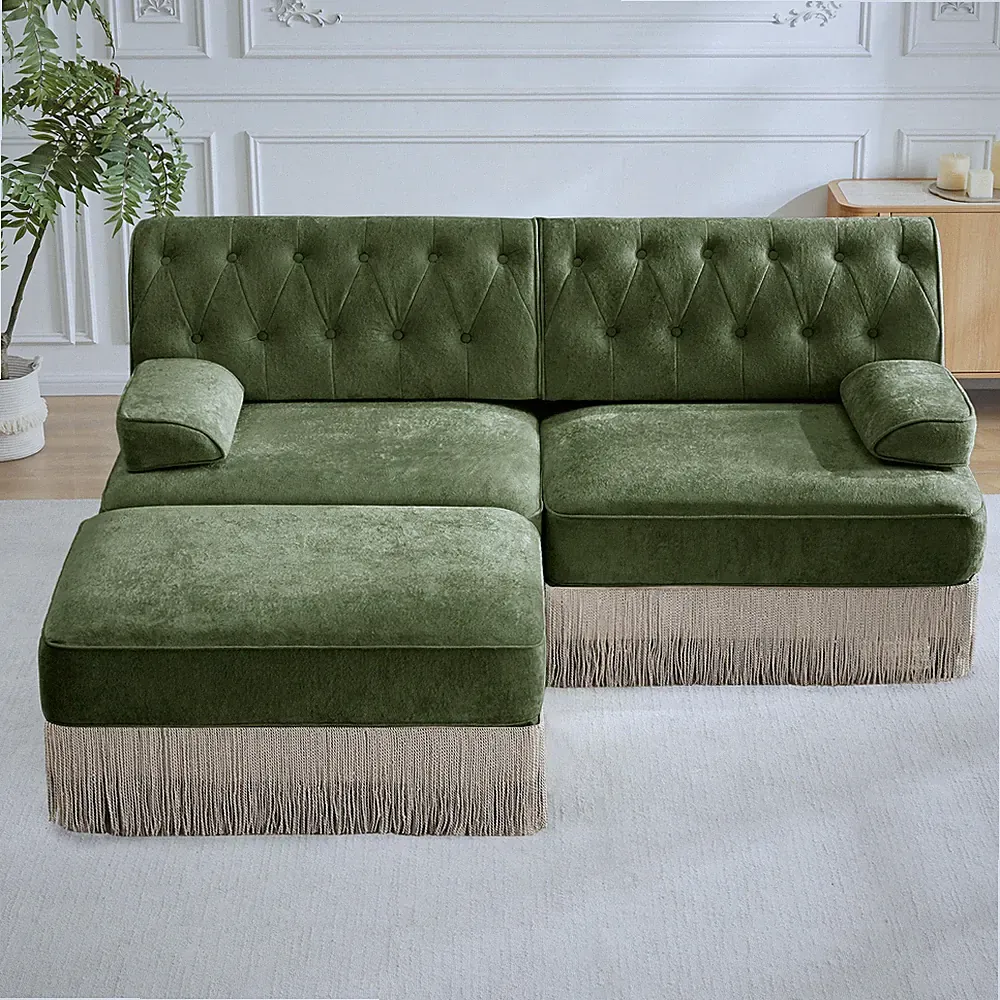 L-Shaped Breathable Comfort Velvet Fabric,Tassel Skirt Chesterfield Sofa ,Free