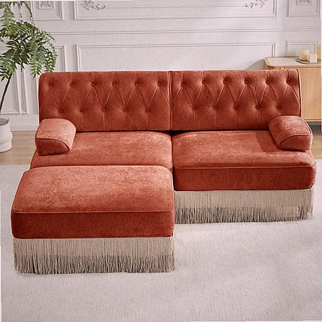 L-Shaped Breathable Comfort Velvet Fabric,Tassel Skirt Chesterfield Sofa ,Free C