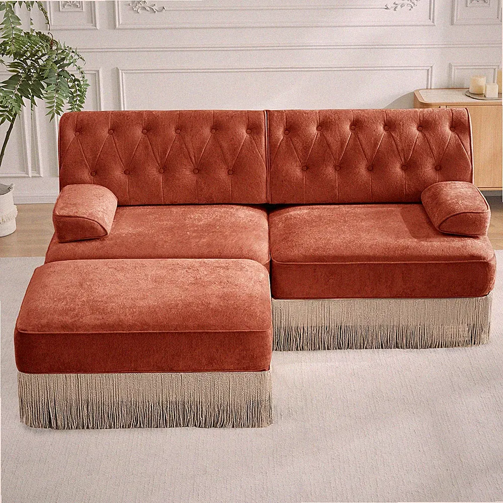 L-Shaped Breathable Comfort Velvet Fabric,Tassel Skirt Chesterfield Sofa ,Free C