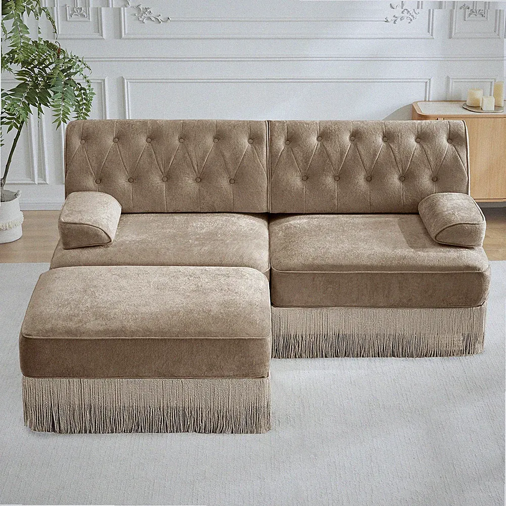 L-Shaped Breathable Comfort Velvet Fabric,Tassel Skirt Chesterfield Sofa,Free C