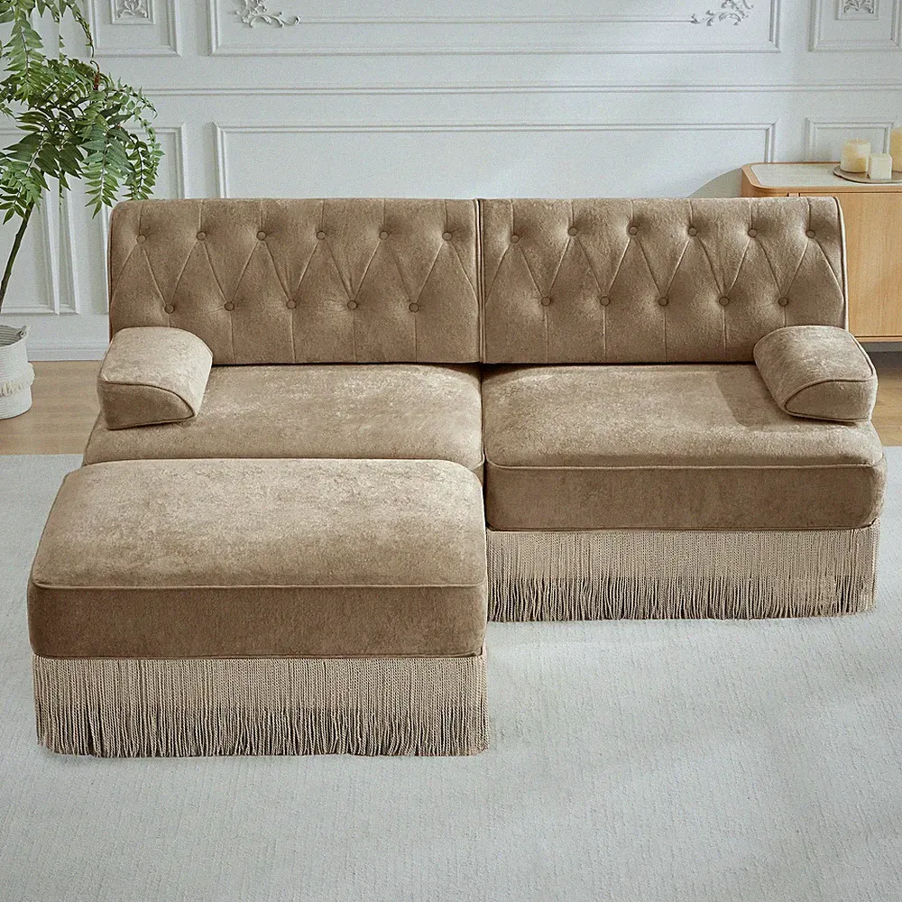 L-Shaped Breathable Comfort Velvet Fabric,Tassel Skirt Chesterfield Sofa,Free Co