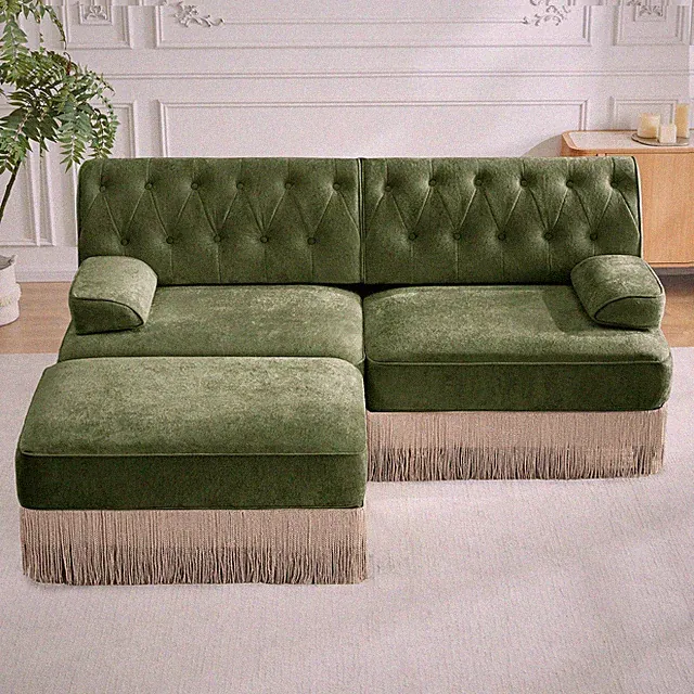L-Shaped Breathable Comfort Velvet Fabric,Tassel Skirt Chesterfield Sofa ,Free