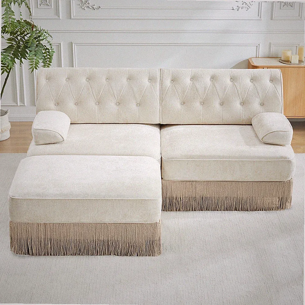 L-Shaped Breathable Comfort Velvet Fabric,Tassel Skirt Chesterfield Style Sofa,F
