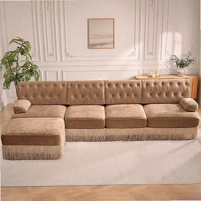 L-Shaped Camel Velvet Sofa Sectional with Tassel Skirt for Living Room
