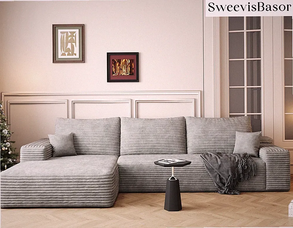 L Shaped Chaise with Boneless Couch Plush Corduroy Sectional Sofa for LivingRoom
