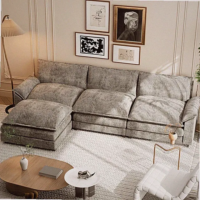 L-Shaped Chenille Modular Sofa with Ottoman - Comfy Grey Living Room Couch