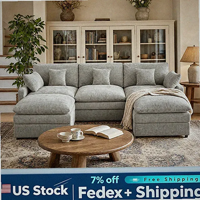 L Shaped Chenille Sectional Couch with Cushioned Seating and Movable Ottomans