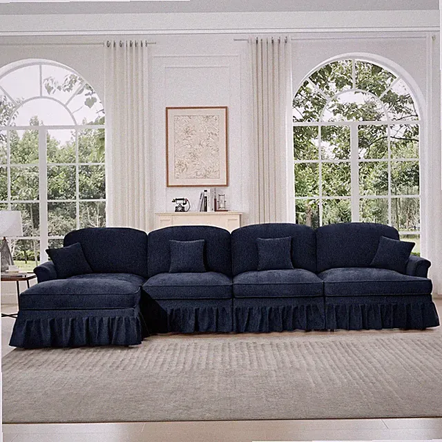L-Shaped Chenille Sectional Sofa w/ Flared Arms & Removable Skirts, Blue