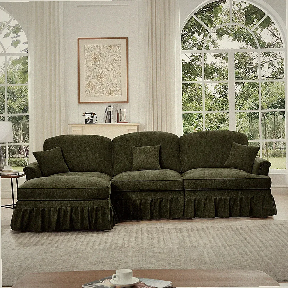 L-Shaped Chenille Sectional Sofa w/ Ott., Removable Ruffles, 3 Seater, Modular