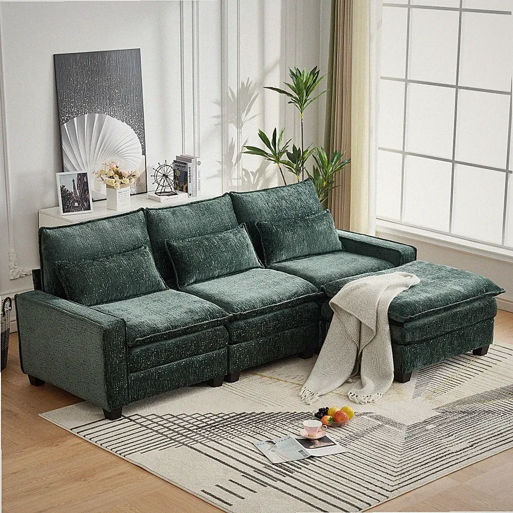 L-Shaped Chenille Sectional Sofa w/ Ottoman, 4-Seat Green Cloud Deep Seat Couch