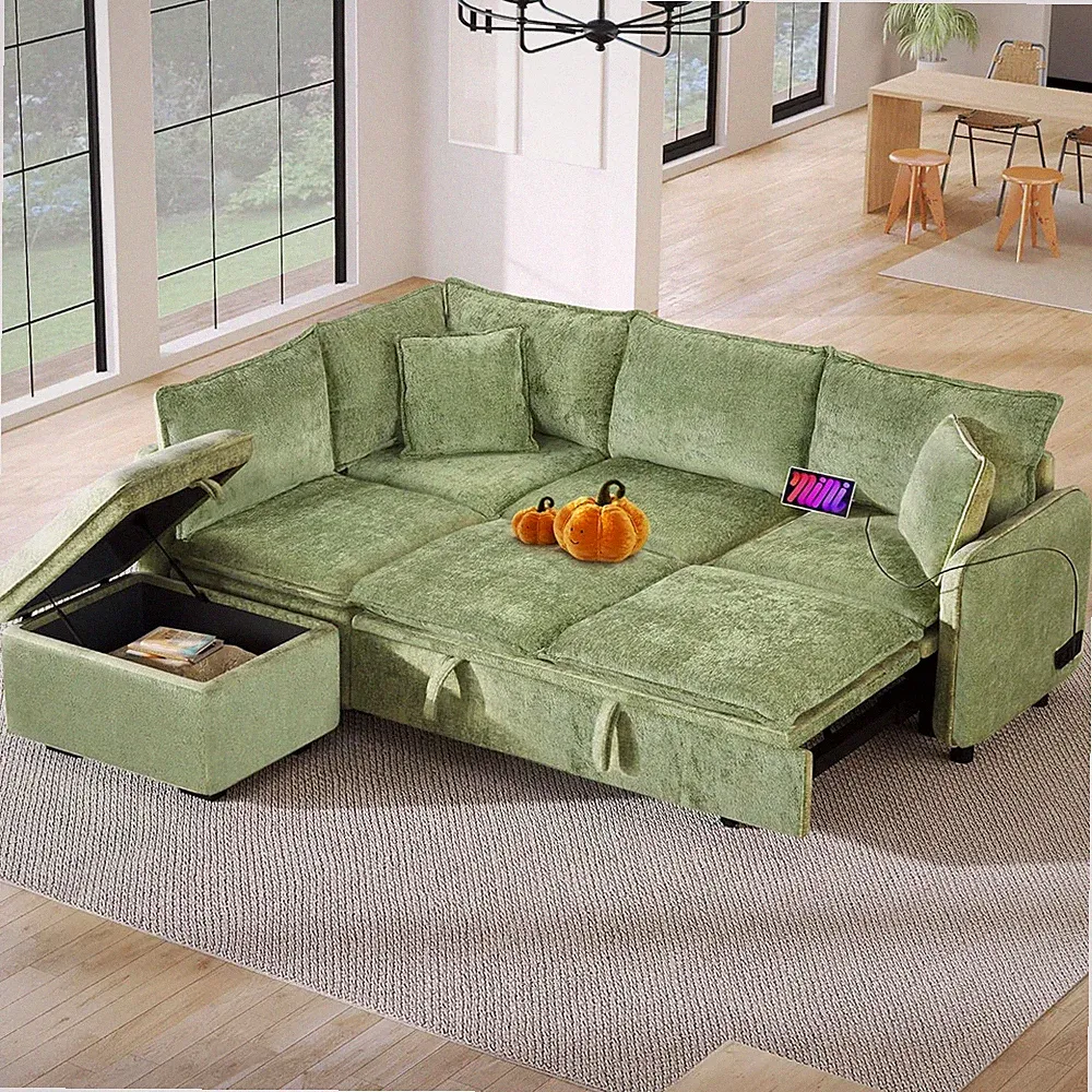 L-Shaped Chenille Sofa Bed with Storage Ottoman & USB Ports for Living Room