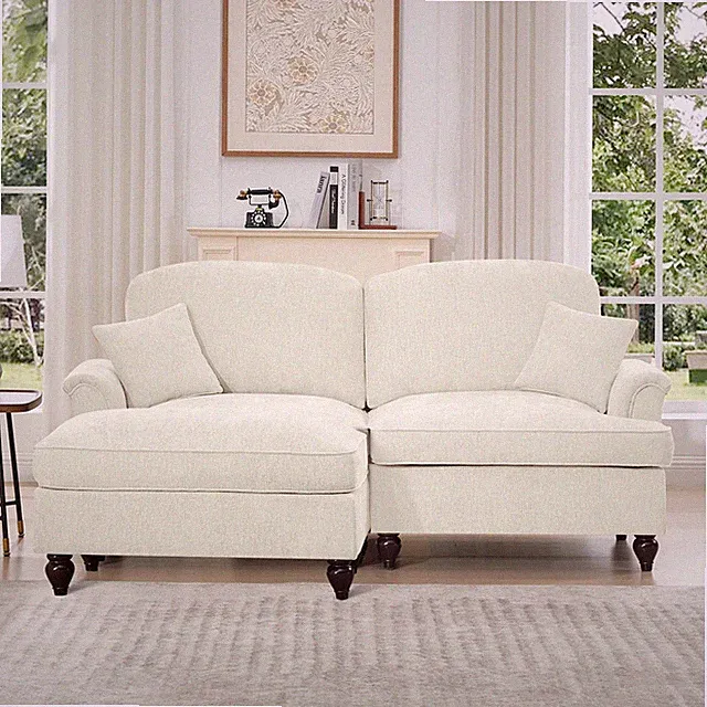 L-Shaped Chenille Sofa w/ Removable Skirt, Ottoman, 2-Seater, Beige White