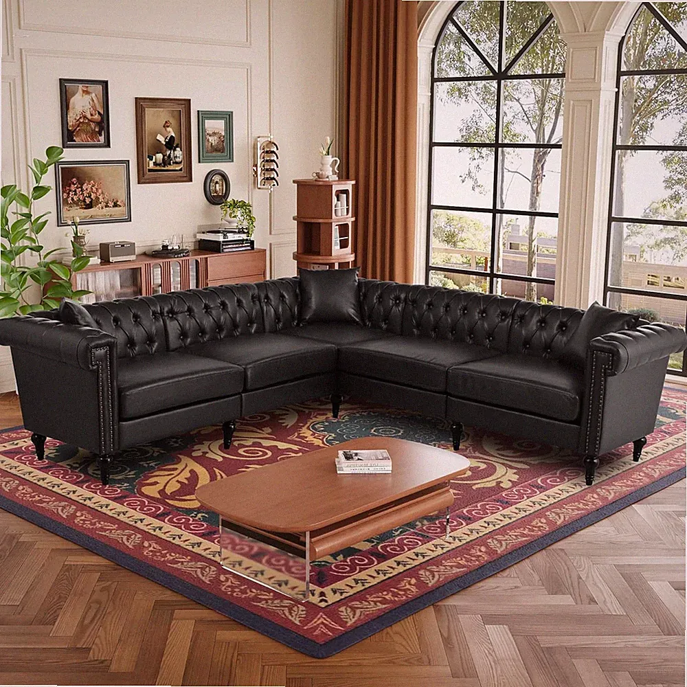 L-Shaped Chesterfield Sectional Sofa with Tufted Faux Leather & Nailhead Trim