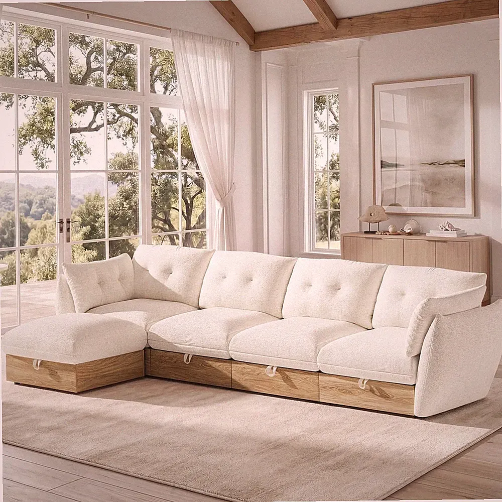 L-Shaped Cloud Couch Sectional Sofa with Storage & Ottoman - Ivory