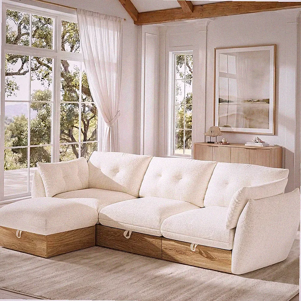 L-Shaped Cloud Couch Sectional Sofa with Storage & Ottoman - Ivory