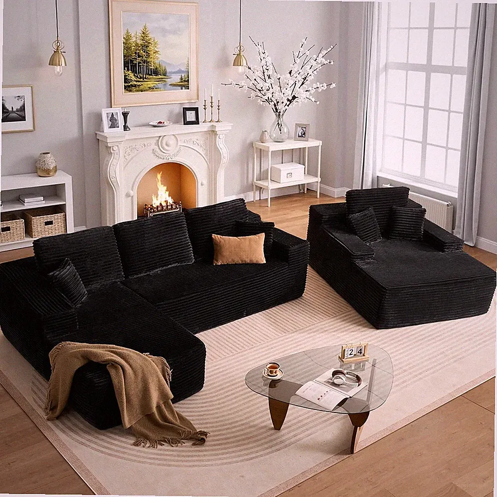 L-Shaped Cloud Sectional Sofa with Chaise Lounge, Plush Black Modular Set