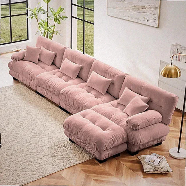 L-Shaped Cloud Sofa with Ottoman, Pink Chenille Convertible Sectional Couch, 4pc