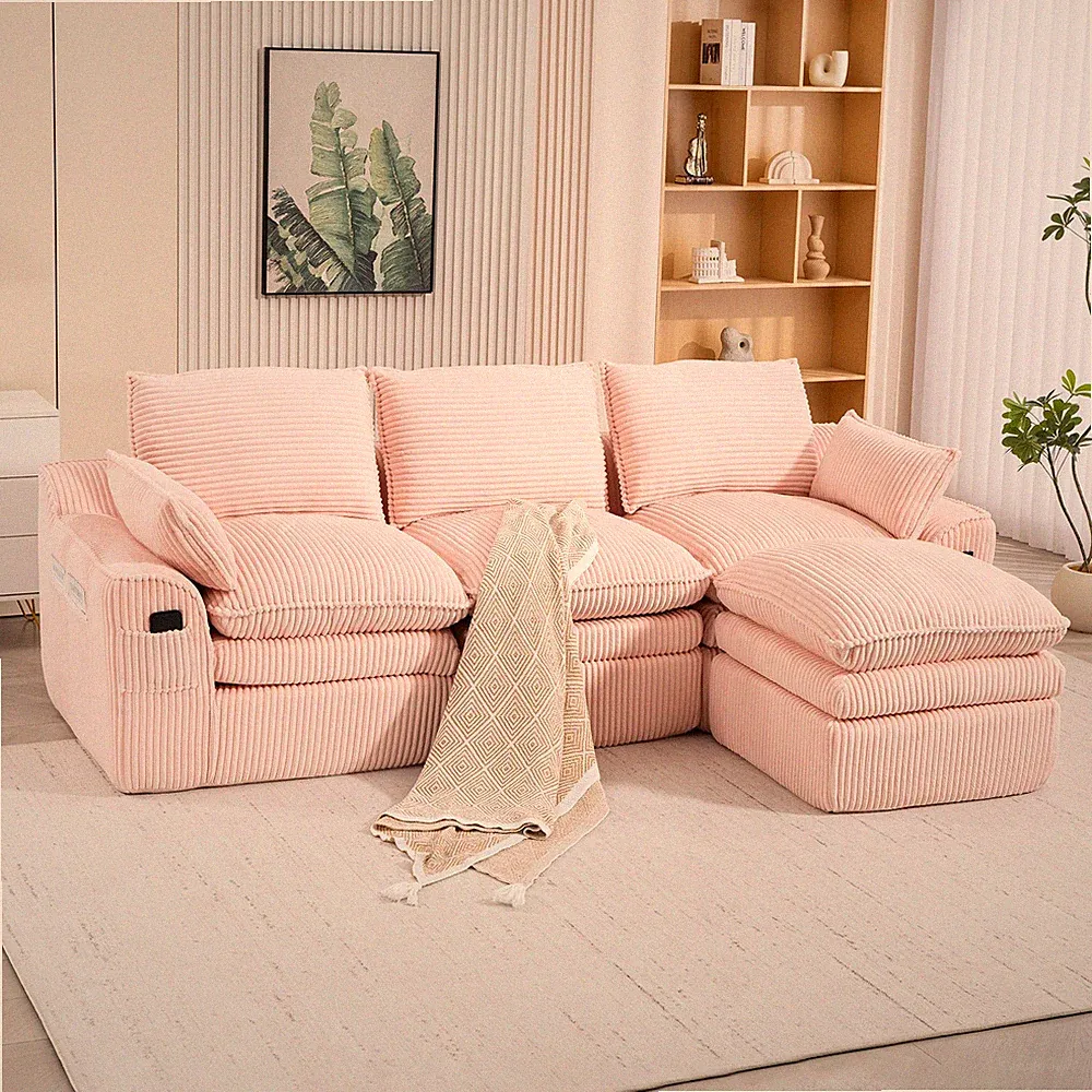 L Shaped Compressed Modular Sectional Sofa Modern Corduroy Upholstered Boneless