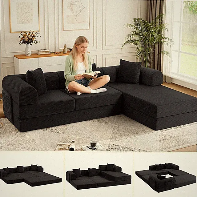 L-Shaped Convertible 4-Seater Sofa with Memory Foam, Black Corduroy