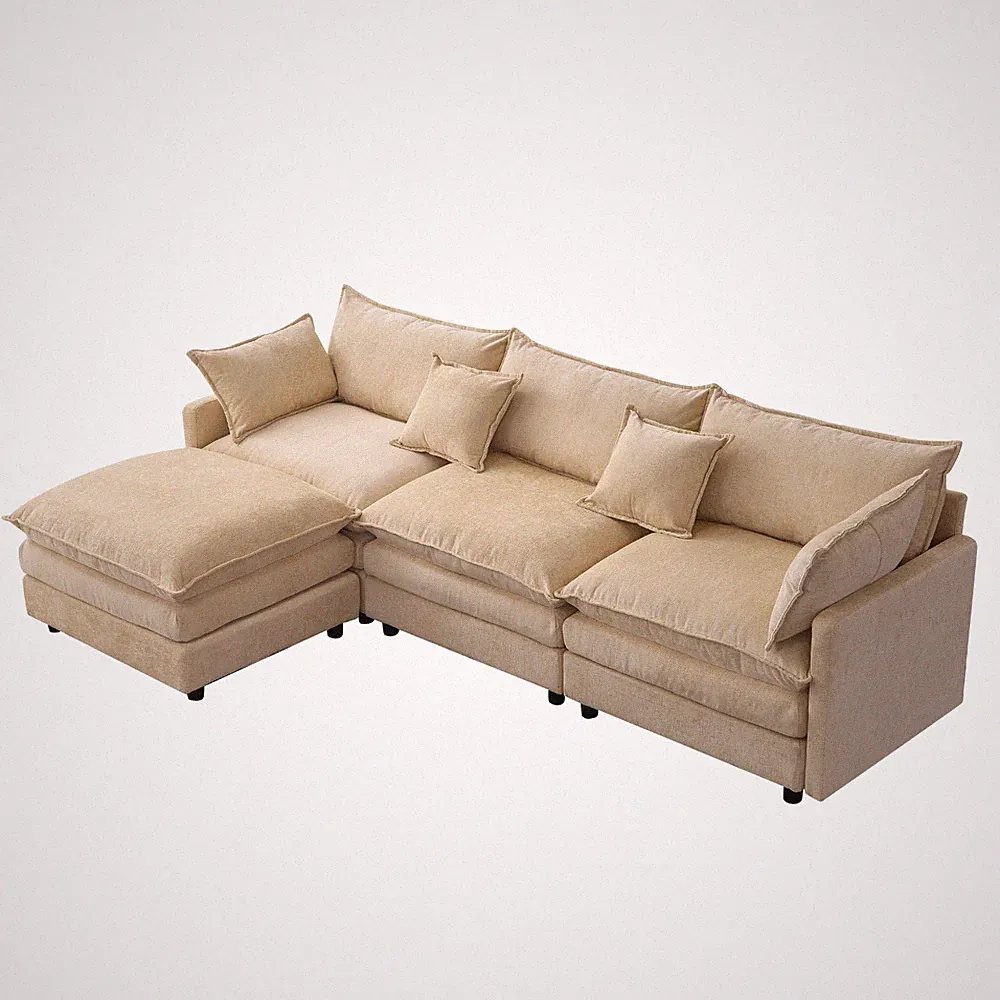 L-Shaped Convertible Chenille Sectional Sofa Modular Couch With Ottoman Pillows