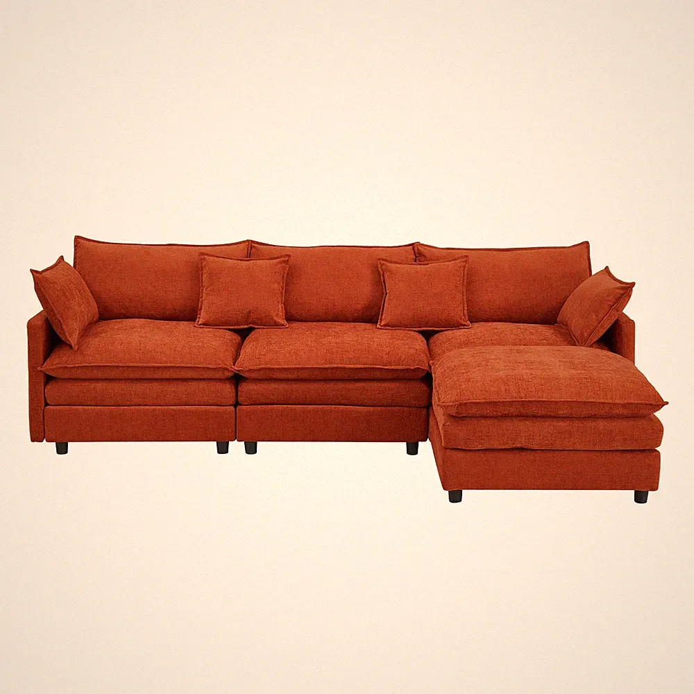 L-Shaped Convertible Chenille Sectional Sofa Modular Couch With Ottoman Pillows