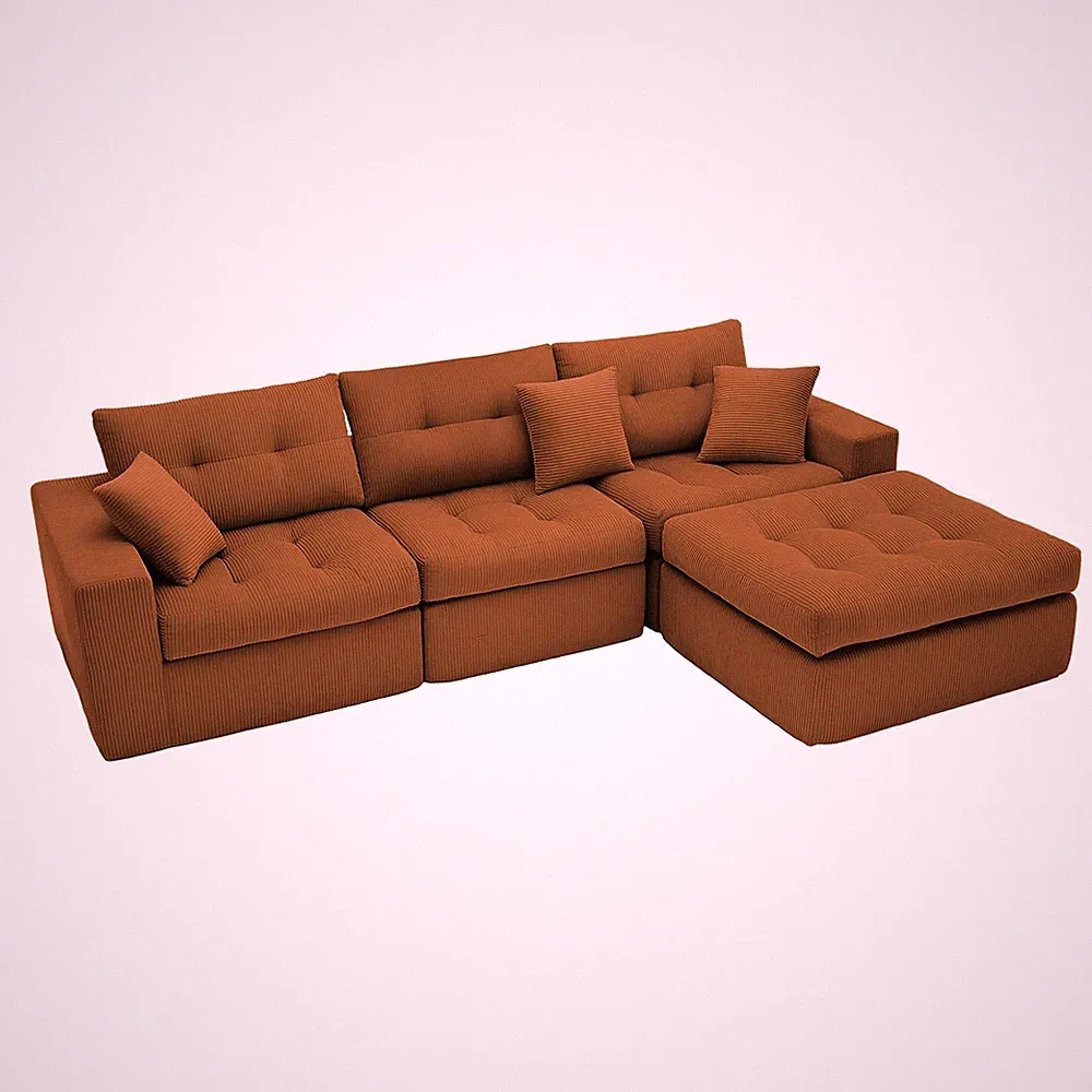 L-Shaped Convertible Corduroy Sectional Sofa Modular Couch With Ottoman Pillows