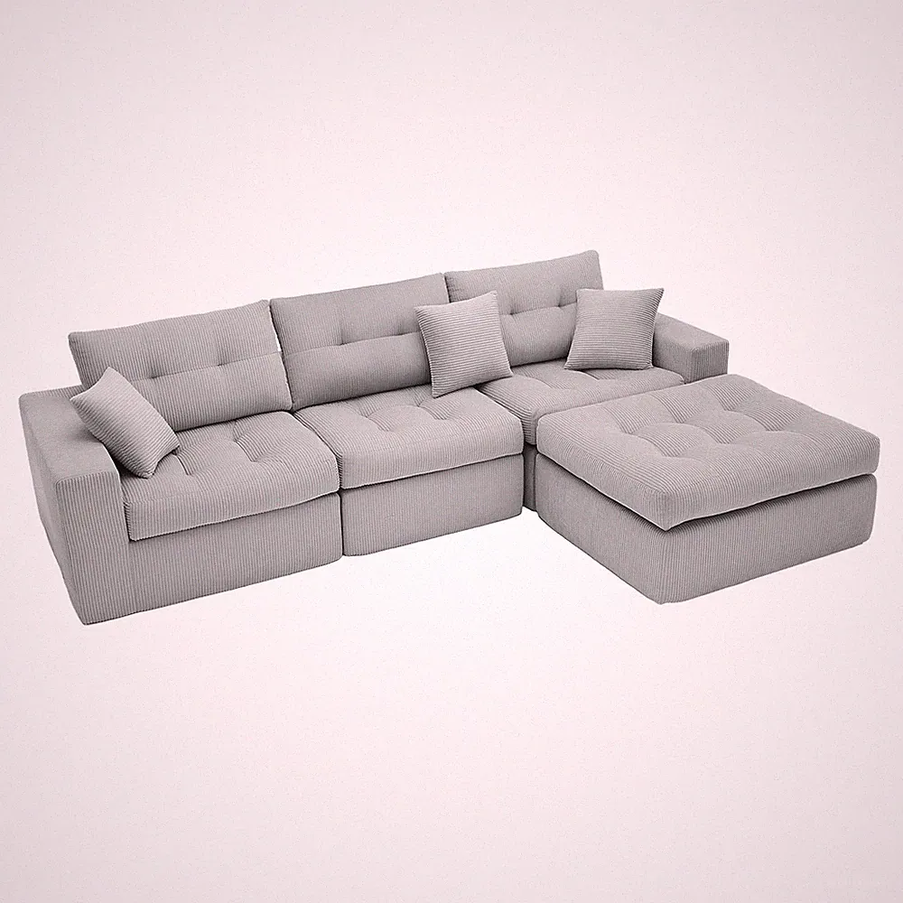 L-Shaped Convertible Corduroy Sectional Sofa Modular Couch With Ottoman Pillows